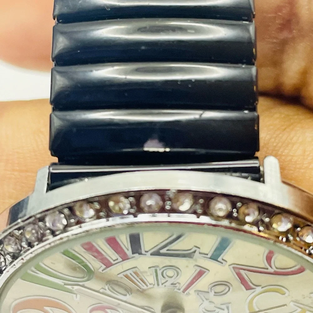 Geneva Multicolor Number Round Rhinestone Dial Watch with Black Stretch Band